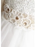 Ivory Lace Tulle Beaded Sash Knee Length Flower Girl Dress